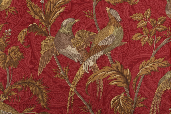 Braemore Pheasant Hunt Printed Cotton Twill Drapery Fabric in Garnet