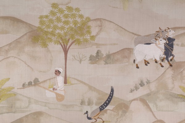 Hamilton Punjab Embroidered Cotton Decorator Fabric in Linen 