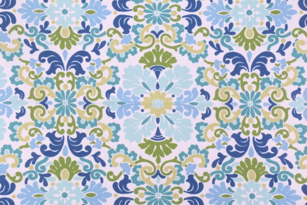 Genevieve Gorder Folk Damask Printed Cotton Drapery Fabric in Seaspray 