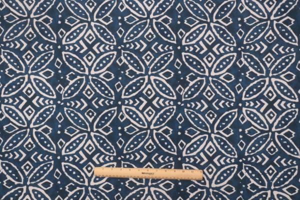 Sample of Ellen Degeneres Merida Printed Polyester Outdoor Fabric in Indigo 