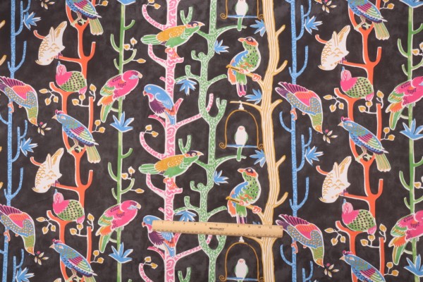 Waverly Birdhouse Chatter Printed Cotton Drapery Fabric in Licorice 
