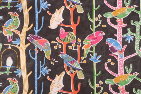 Waverly Birdhouse Chatter Printed Cotton Drapery Fabric in Licorice 