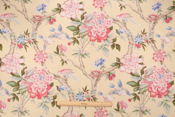 Waverly Mudan Printed Cotton Drapery Fabric in Lemon 