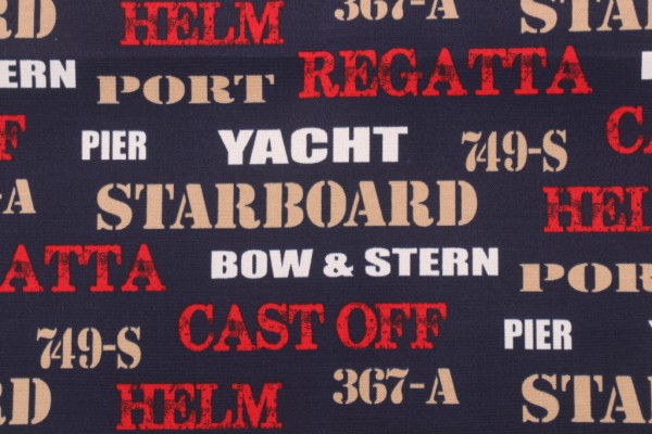 Bryant Boat Club Printed Polyester Outdoor Fabric in Poolside/Midnight/Ruby 