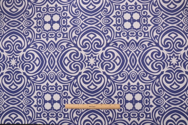 Bryant Corinthian Geo Printed Polyester Outdoor Fabric in Cobalt 