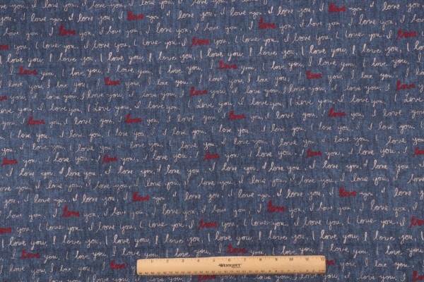 Ellen Degeneres I Love You Printed Cotton Drapery Fabric in Denim 