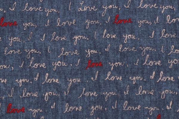 Ellen Degeneres I Love You Printed Cotton Drapery Fabric in Denim 