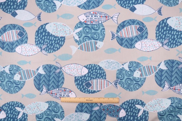 Sample of Stof France Poisson Printed Cotton Twill Drapery Fabric in Bleu 