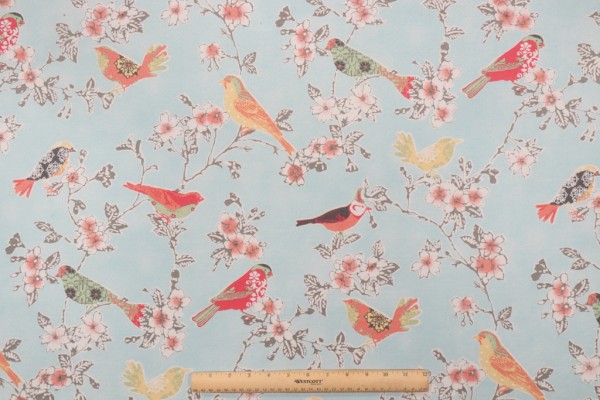 PK Lifestyles Tweet Toile Printed Polyester Outdoor Fabric in Robins Egg 