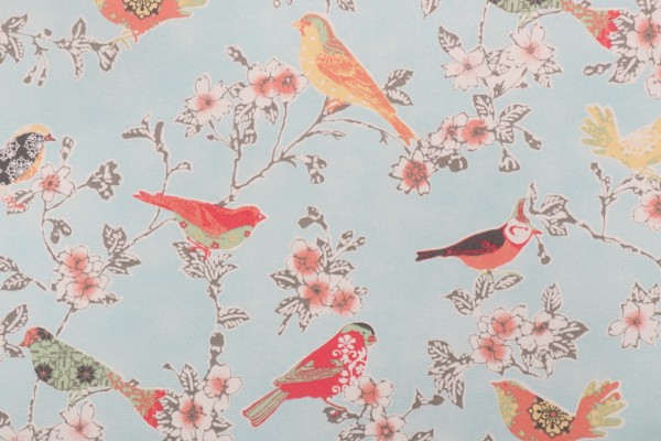 PK Lifestyles Tweet Toile Printed Polyester Outdoor Fabric in Robins Egg 