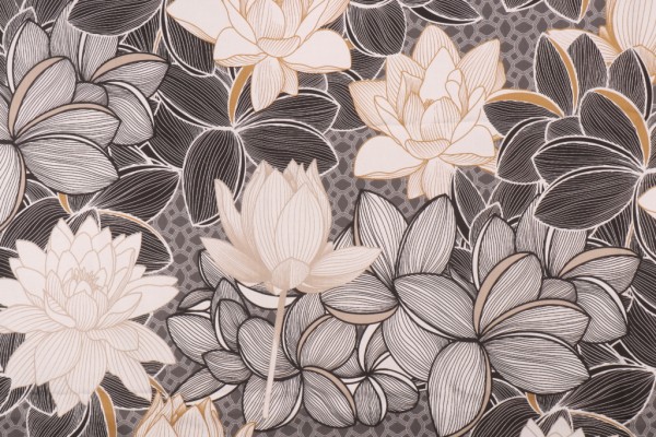 Stof France Lotus Printed Cotton Drapery Fabric in Noir 