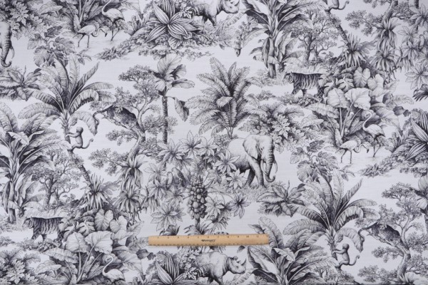 Sample of Kaufmann Jardin Animalier Printed Cotton Drapery Fabric in Ebony 