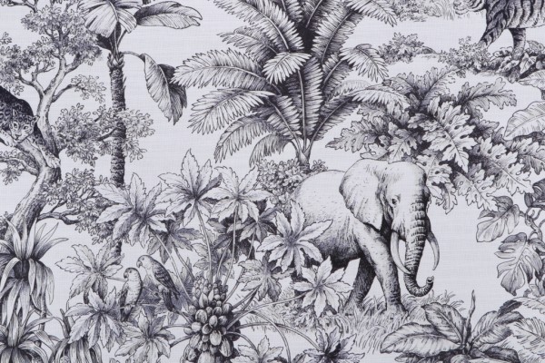 Sample of Kaufmann Jardin Animalier Printed Cotton Drapery Fabric in Ebony 