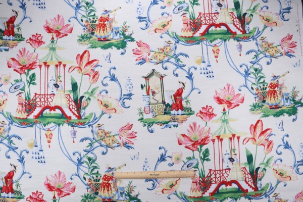 Harrison Howard East Of The Moon Printed Cotton Drapery Fabric in Porcelain 