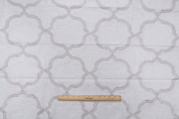 Quatrefoil Embroidered Drapery Fabric in Platinum