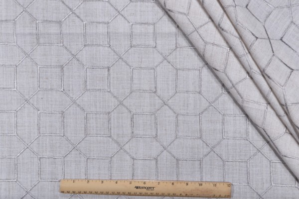 Octagon Trellis Embroidered Drapery Fabric in Silver