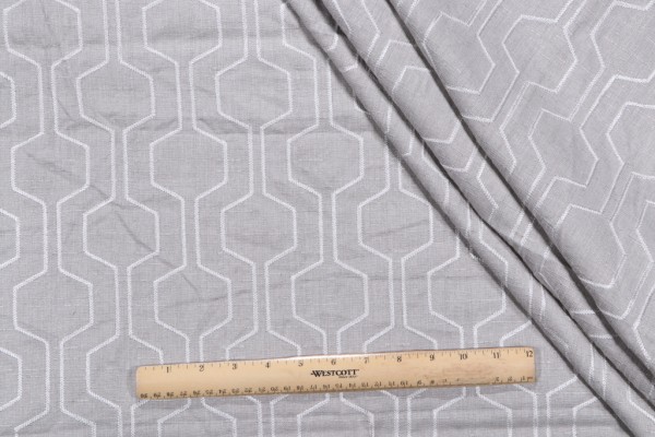 Hexagon Fret Embroidered Drapery Fabric in Sterling