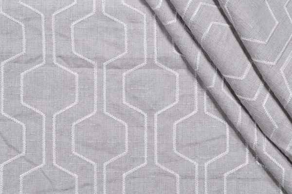Hexagon Fret Embroidered Drapery Fabric in Sterling