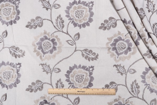 Floral Embroidered Drapery Fabric in Stone