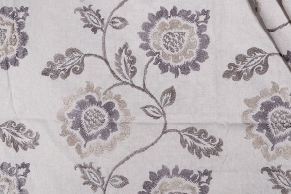 Floral Embroidered Drapery Fabric in Stone
