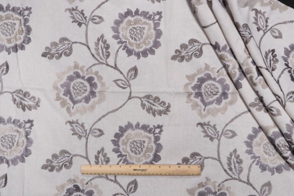 Floral Embroidered Drapery Fabric in Stone