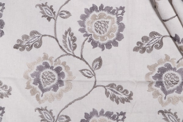 Floral Embroidered Drapery Fabric in Stone