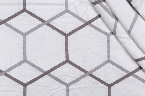 Hex Fret Embroidered Drapery Fabric in Granite