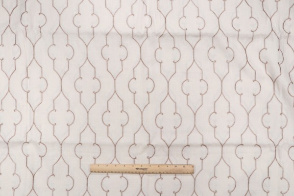 Quatrefoil Trellis Embroidered Drapery Fabric in Latte