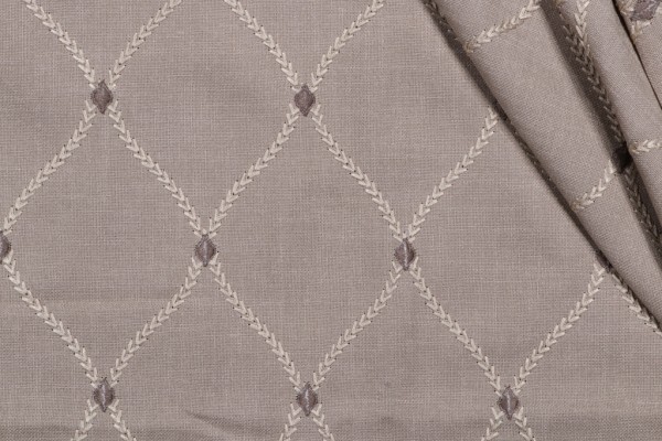 Vine Ogee Embroidered Drapery Fabric in Stone