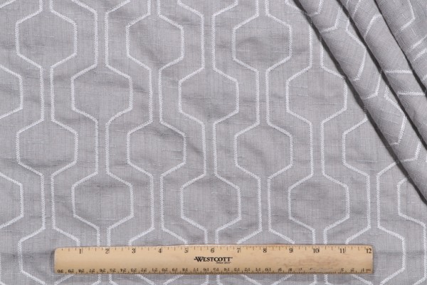 Hexagon Fret Embroidered Drapery Fabric in Sterling
