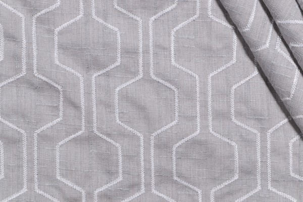 Hexagon Fret Embroidered Drapery Fabric in Sterling
