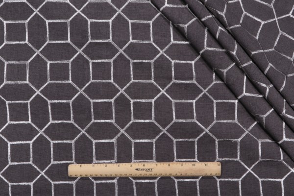Octagon Fret Embroidered Drapery Fabric in Graphite