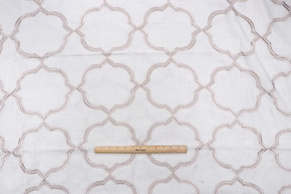Quatrefoil Embroidered Drapery Fabric in Stone