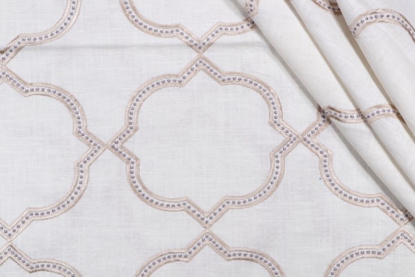 Quatrefoil Embroidered Drapery Fabric in Stone
