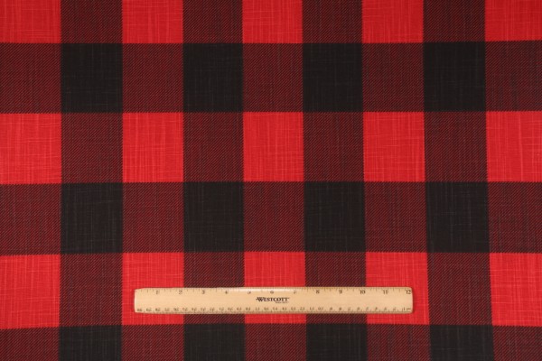 Premier Prints Buffalo Check Printed Slub Cotton Canvas Drapery Fabric in Red Black