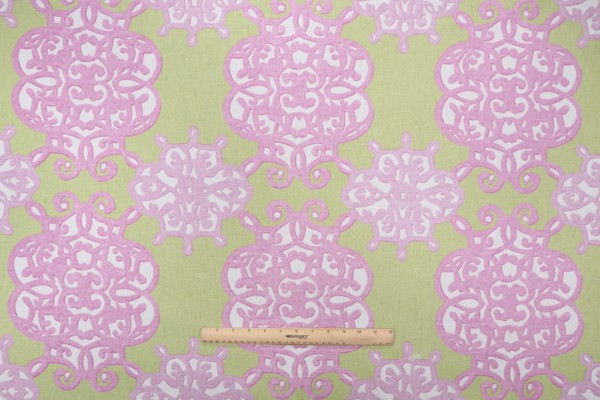Sample of Thibaut Jakarta F98613 Printed Drapery Fabric in Green and Lavender 