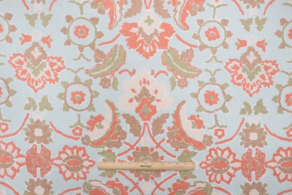 Sample of Thibaut Marseille F93132 Printed Cotton Drapery Fabric in Aqua 