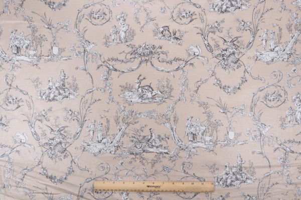 Thibaut Paysannerie Toile F97371 Printed Cotton Drapery Fabric in Black on Taupe 