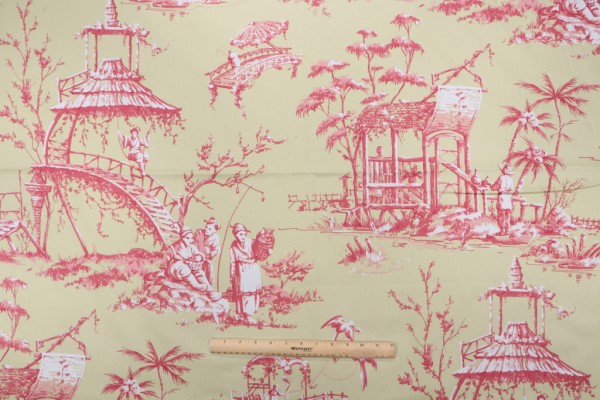 Sample of Thibaut Meridian F95304 Printed Cotton Drapery Fabric in Pink on Green 