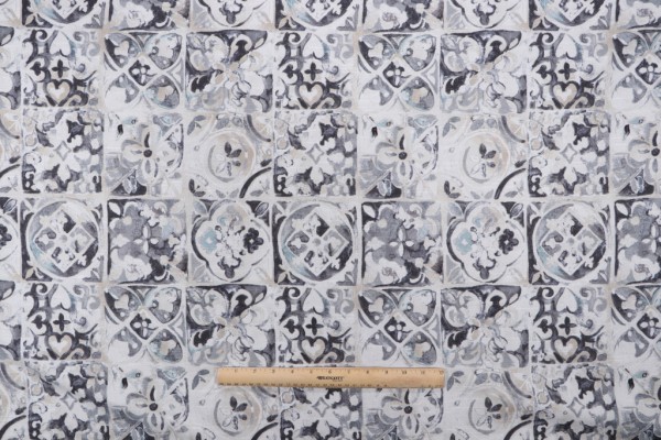 Ellen Degeneres Petra Tile Printed Cotton Drapery Fabric in Smoke 
