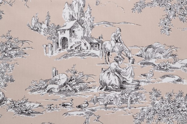 Thibaut La Fontaine F97342 Printed Cotton Drapery Fabric in Black on Taupe