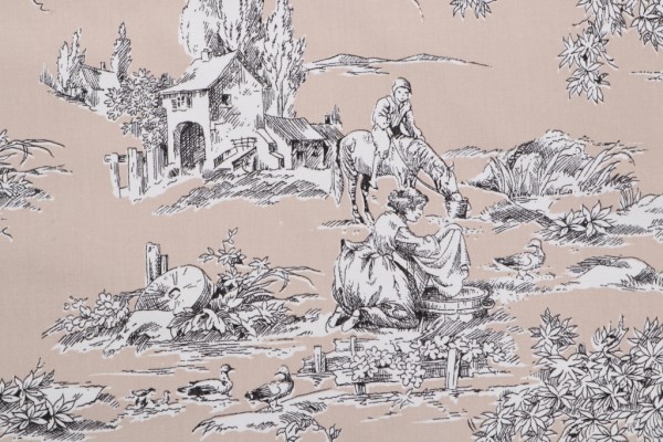 Thibaut La Fontaine F97342 Printed Cotton Drapery Fabric in Black on Taupe