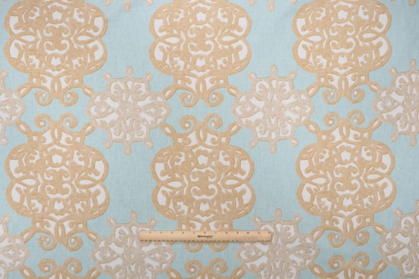 Thibaut Jakarta F98611 Printed Drapery Fabric in Aqua and Beige