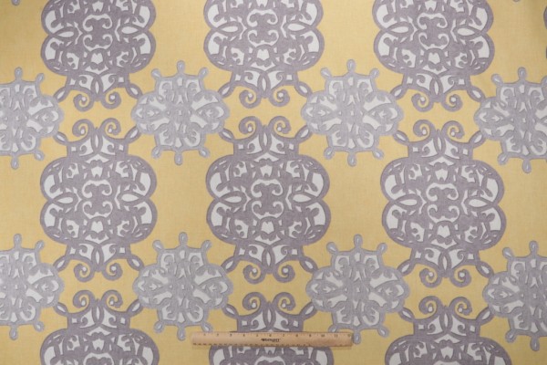 Thibaut Jakarta F98614 Printed Drapery Fabric in Yellow and Grey