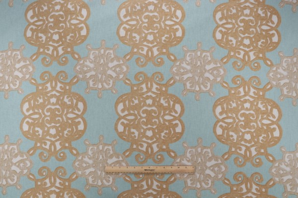Click for Thibaut Jakarta F98611 Printed Drapery Fabric in Aqua and Beige  Thibaut Jakarta F98611 Printed Drapery Fabric in Aqua and Beige
