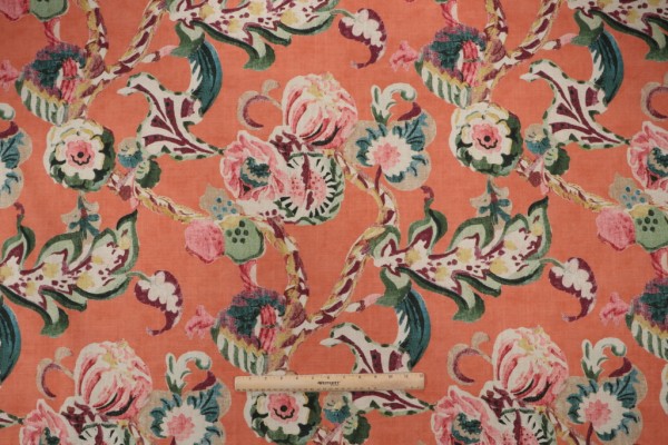 Sample of Kaufmann Gossamer Trail Printed Cotton Drapery Fabric in Coral 