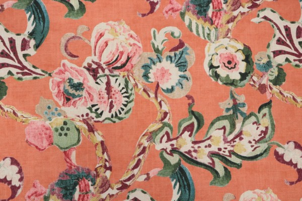 Sample of Kaufmann Gossamer Trail Printed Cotton Drapery Fabric in Coral 