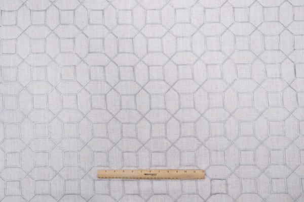 Octagon Fret Embroidered Drapery Fabric in Silver
