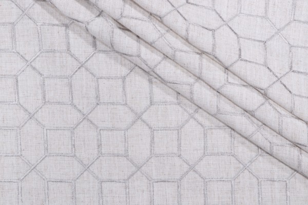 Octagon Fret Embroidered Drapery Fabric in Silver