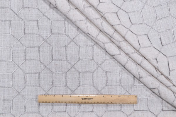 Octagon Fret Embroidered Drapery Fabric in Silver